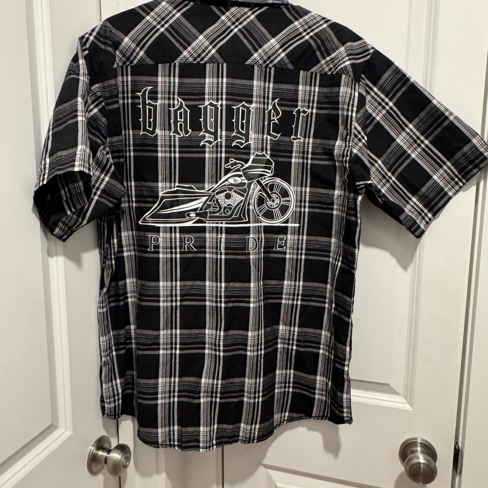Burnside Black and White Plaid Men's Shirt with Motorcycle Graphic
